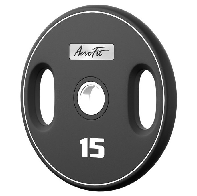 Олимпийский полиуретановый диск AeroFit 15 кг, черный, с 2-мя хватами
